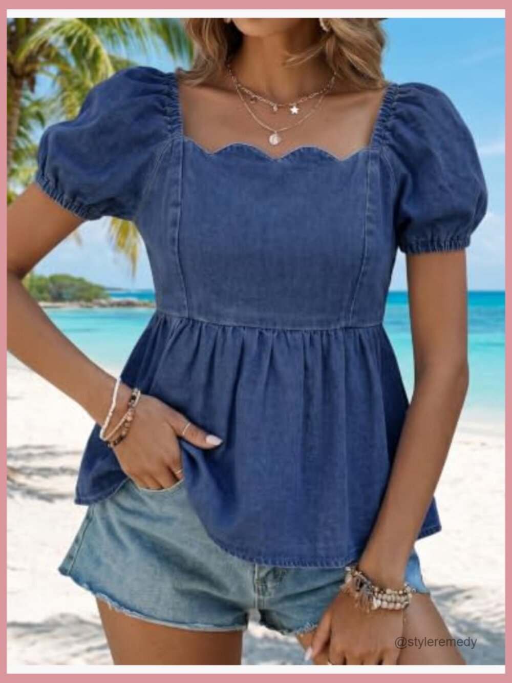 Square Neck Puff Sleeve Denim Top Blouse Button Down Shirt - Picture 2 of 7